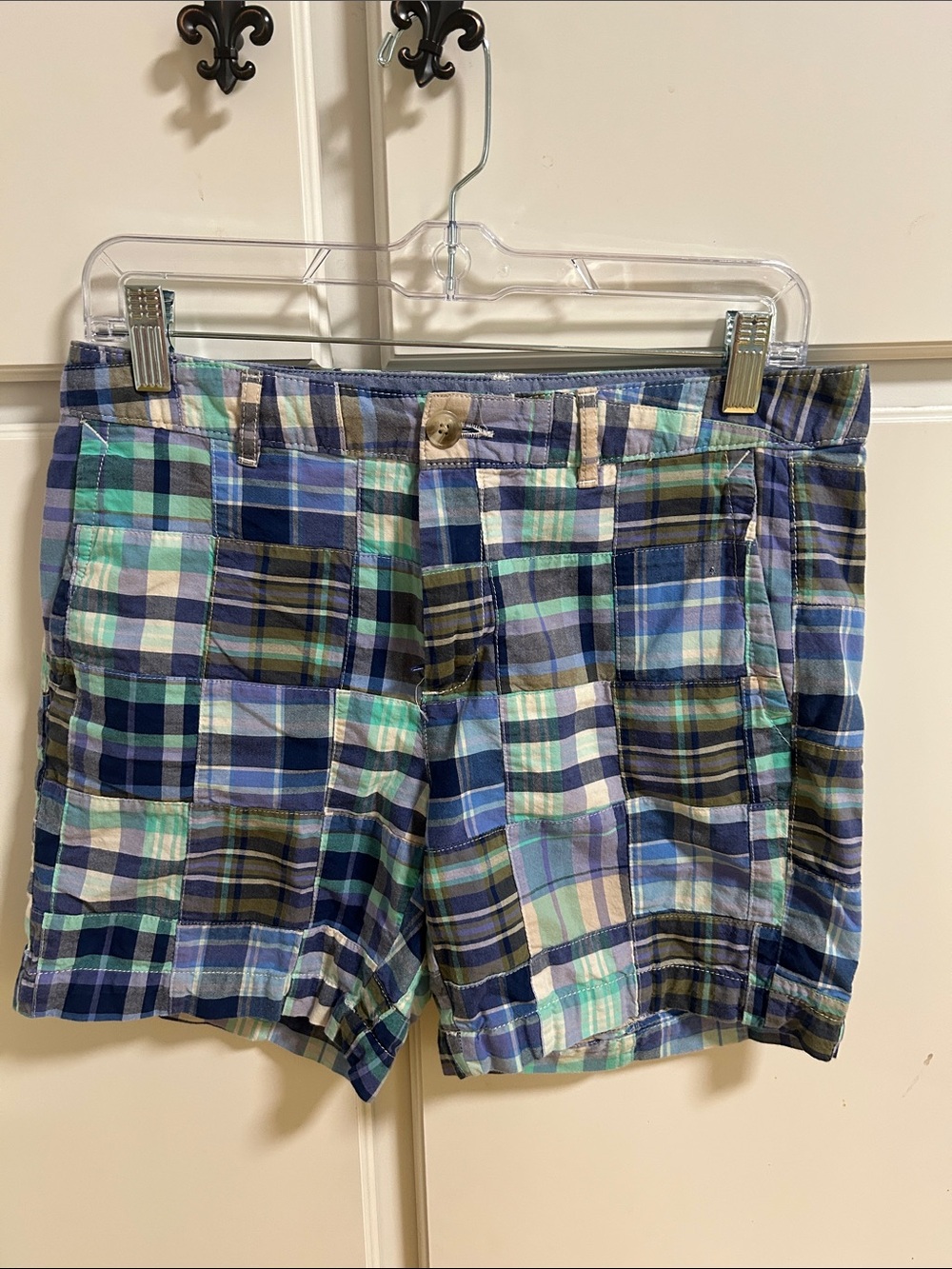 L.L. Bean Madras Plaid Patchwork Shorts in Blue and Green